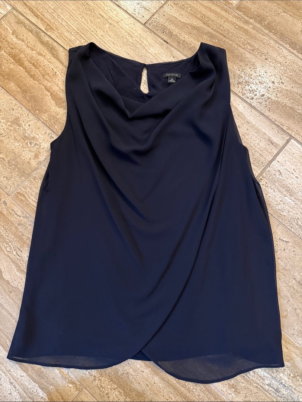 Ann Taylor Navy Sleeveless Draped Front Elegant Blouse size Medium